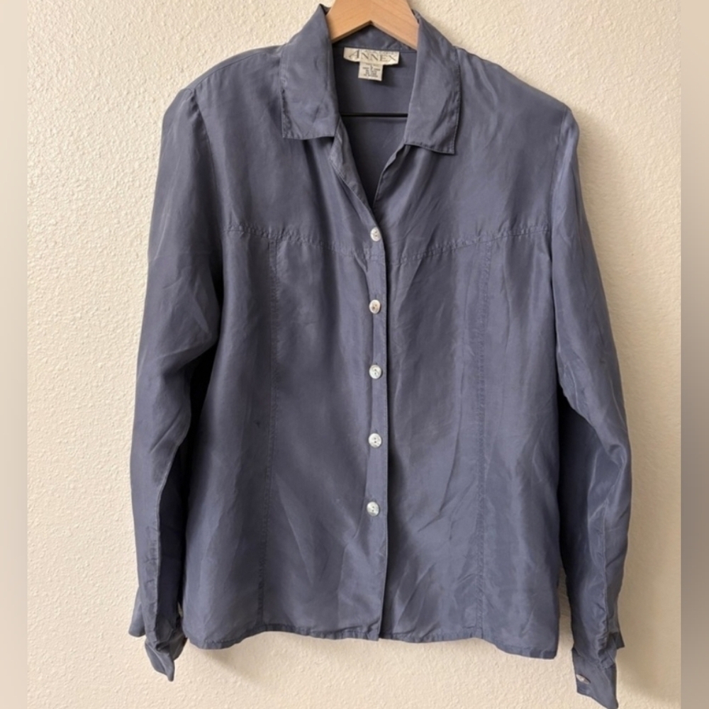 VTG Casual Corner Annex Womens Silk Button Up Shirt Shoulder Pads Blue Size L